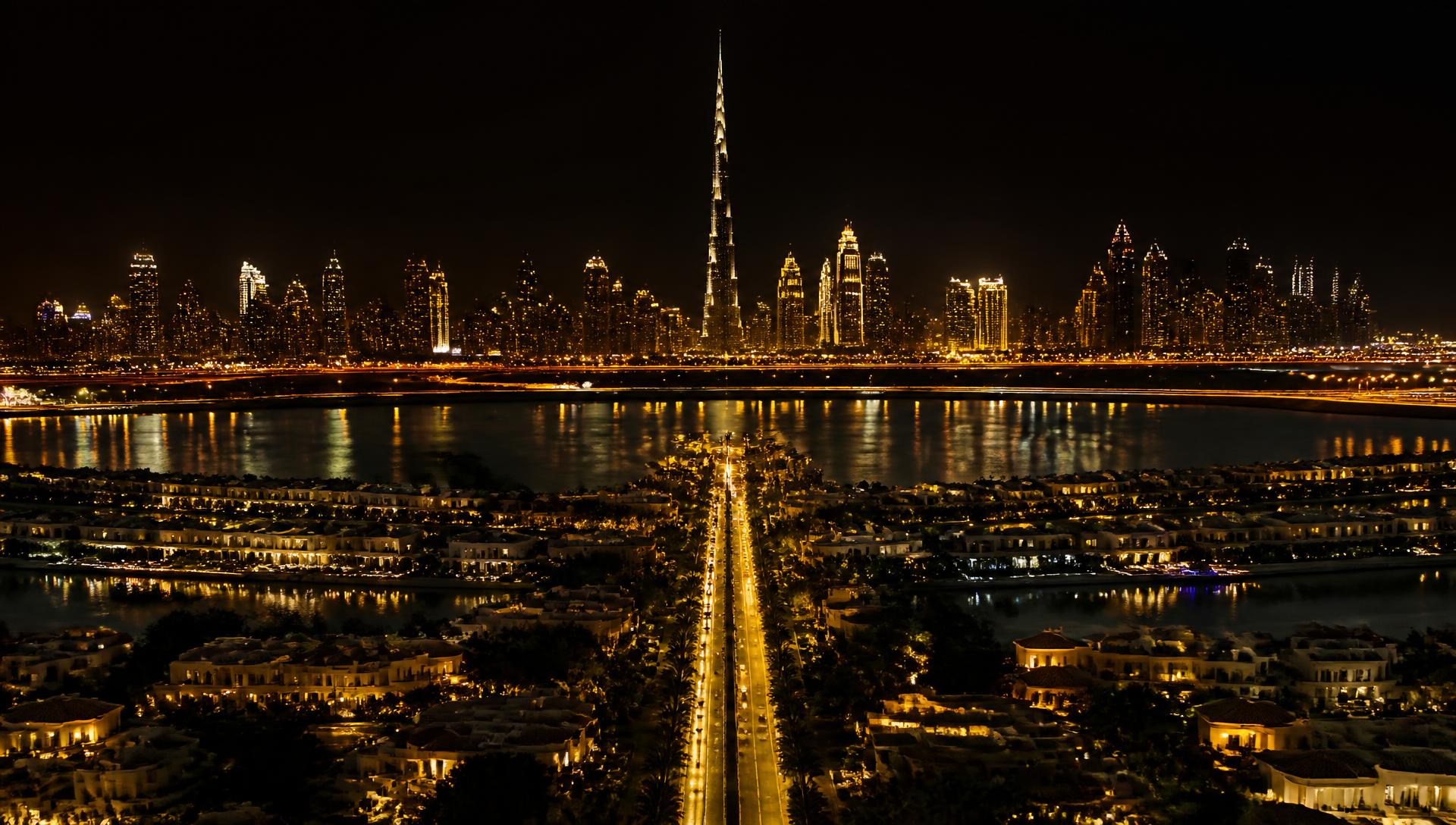 Dubai skyline at night with the Burj Khalifa