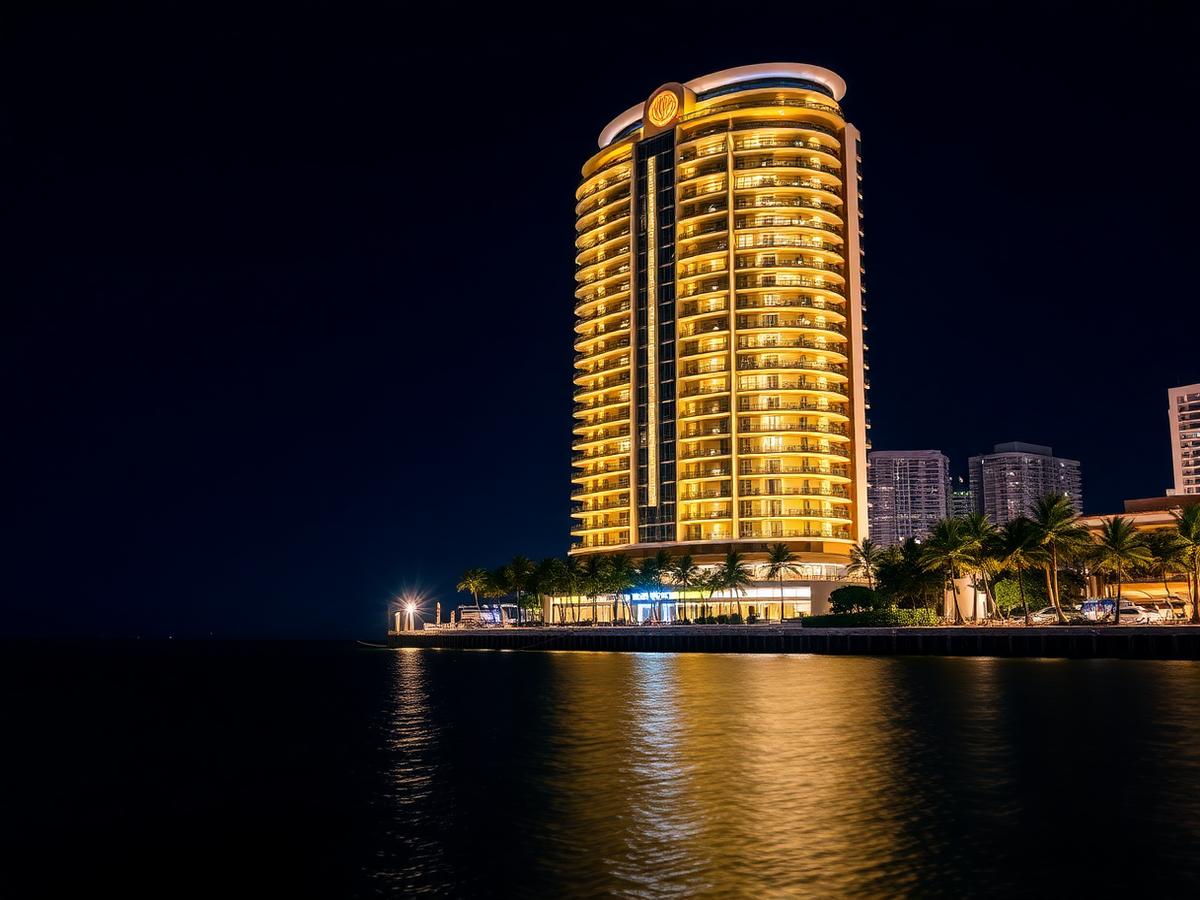 Waterfront luxury tower in Miami at night